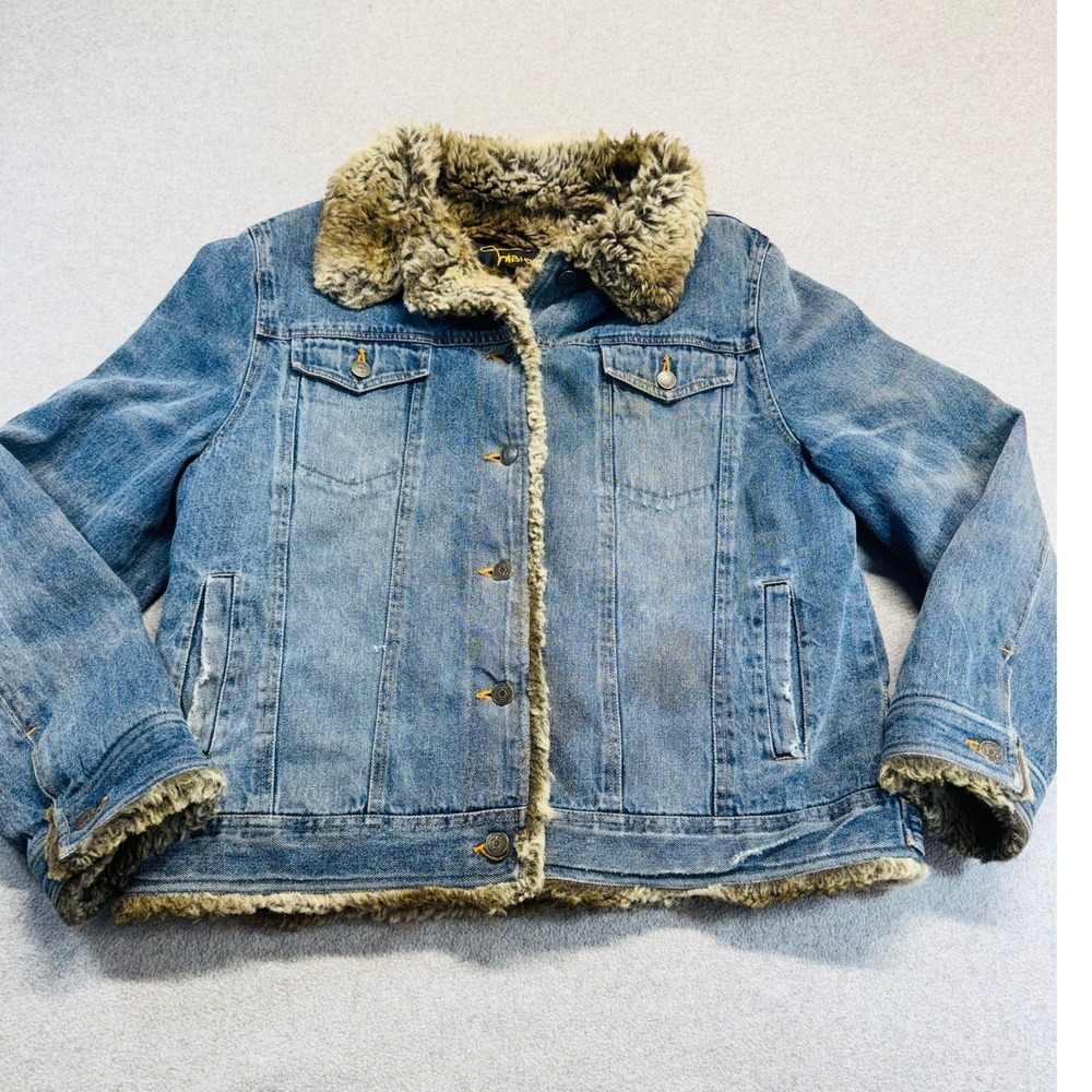 Vintage Y2K Fabio Faux Fur Lined Denim Jacket Womens Large Sherpa Trucker Coat